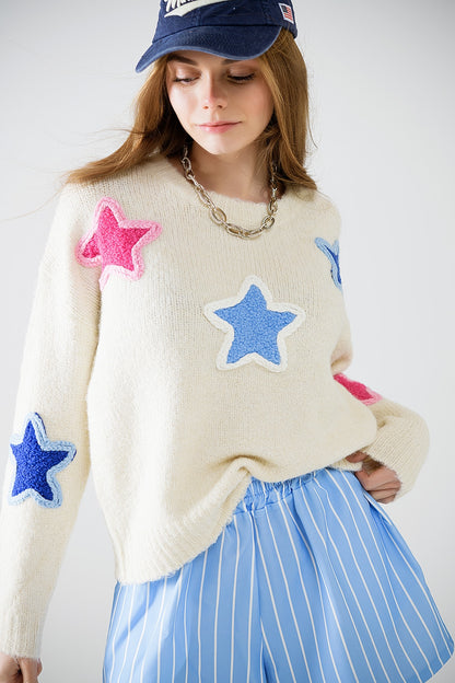 Stellar Charm Embroidered Star Sweater in Cream