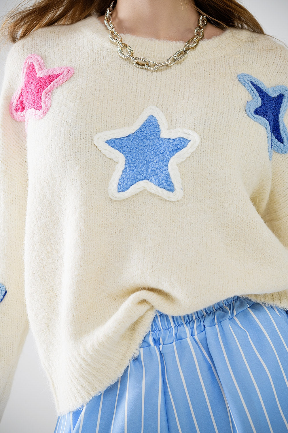 Stellar Charm Embroidered Star Sweater in Cream