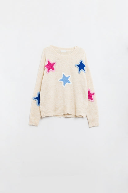 Stellar Charm Embroidered Star Sweater in Cream