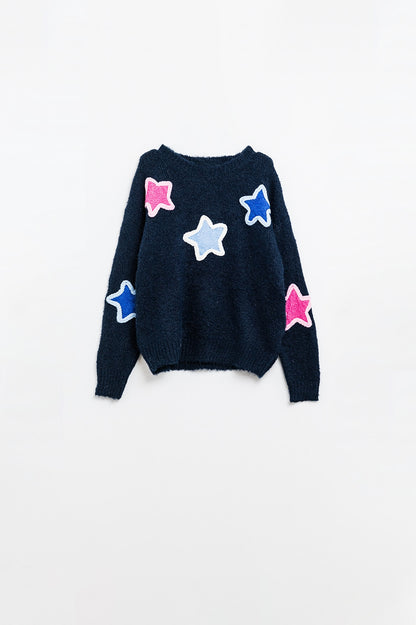 Stellar Charm Embroidered Star Sweater in Navy