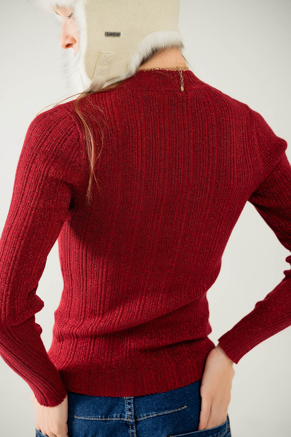 Shimmer & Sleek Ribbed Sweater in Maroon