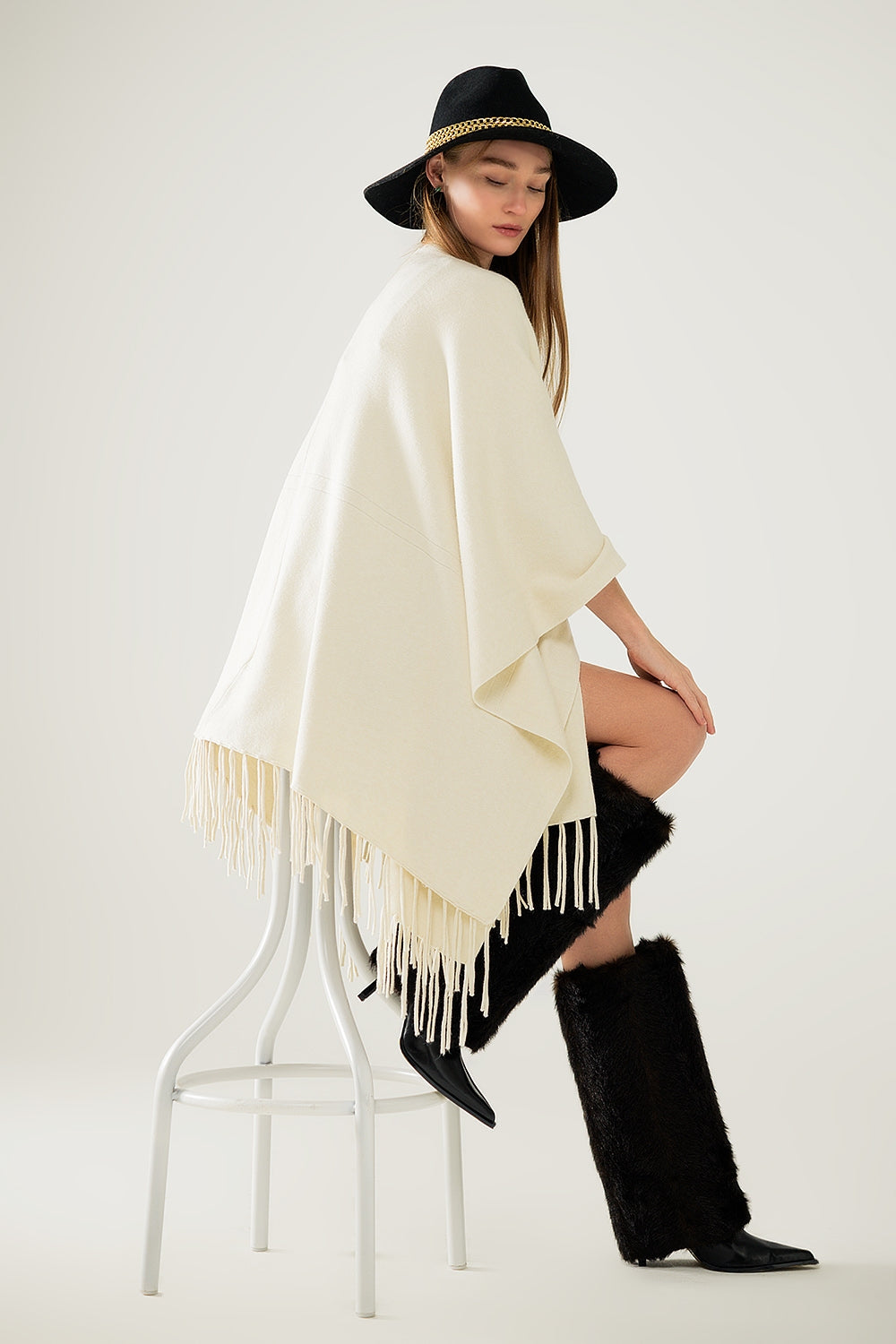 Fringe Affair Knit Poncho in Beige