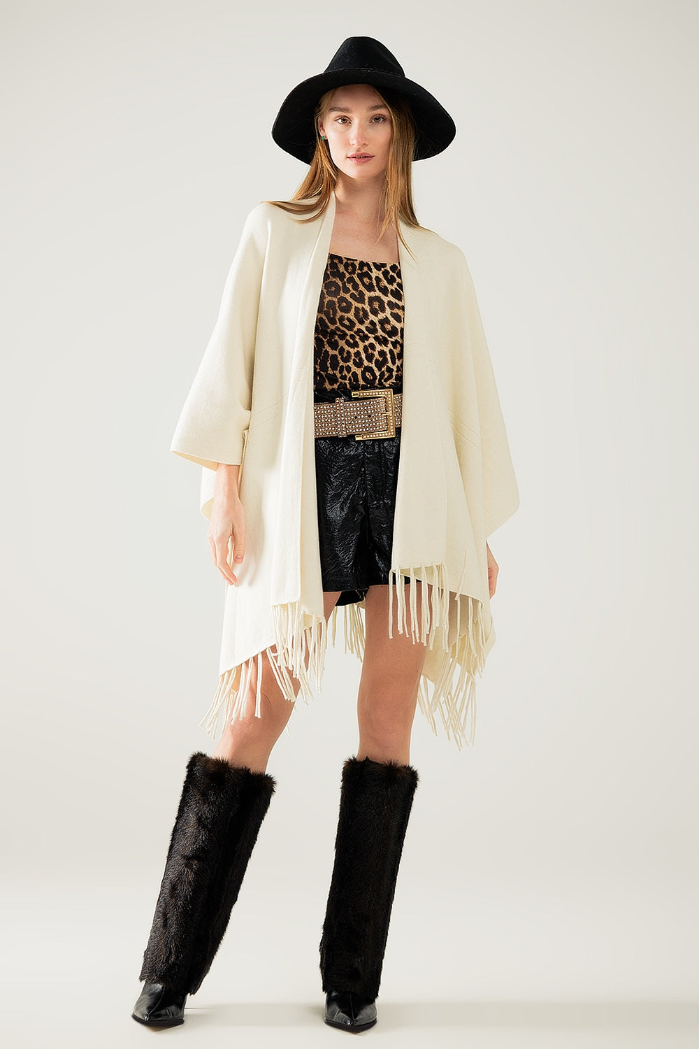 Fringe Affair Knit Poncho in Beige