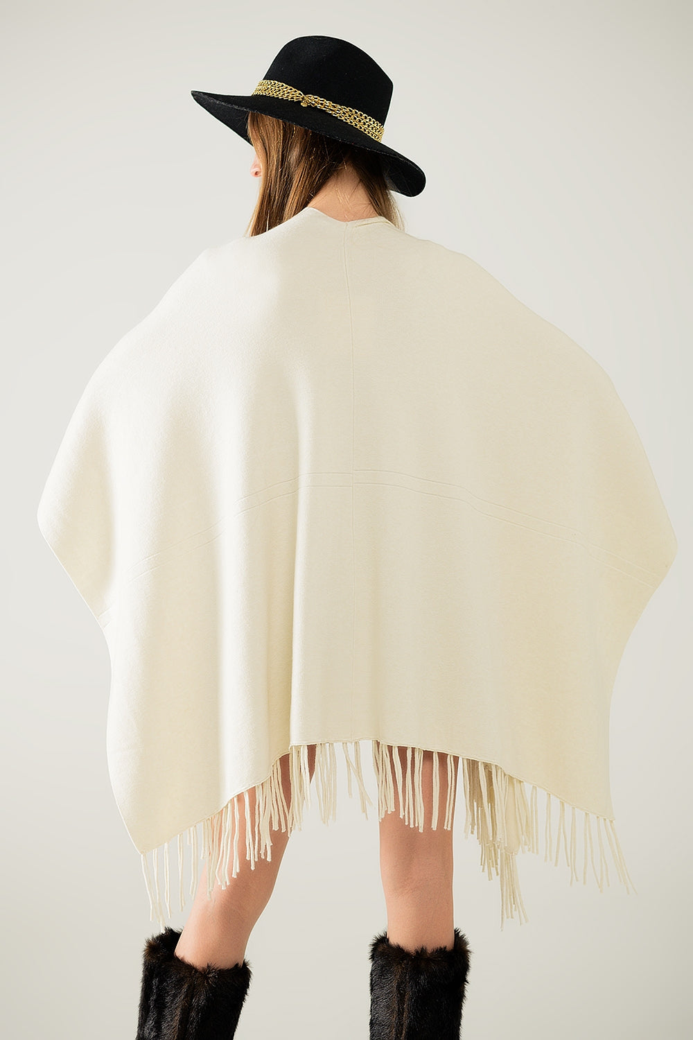 Fringe Affair Knit Poncho in Beige