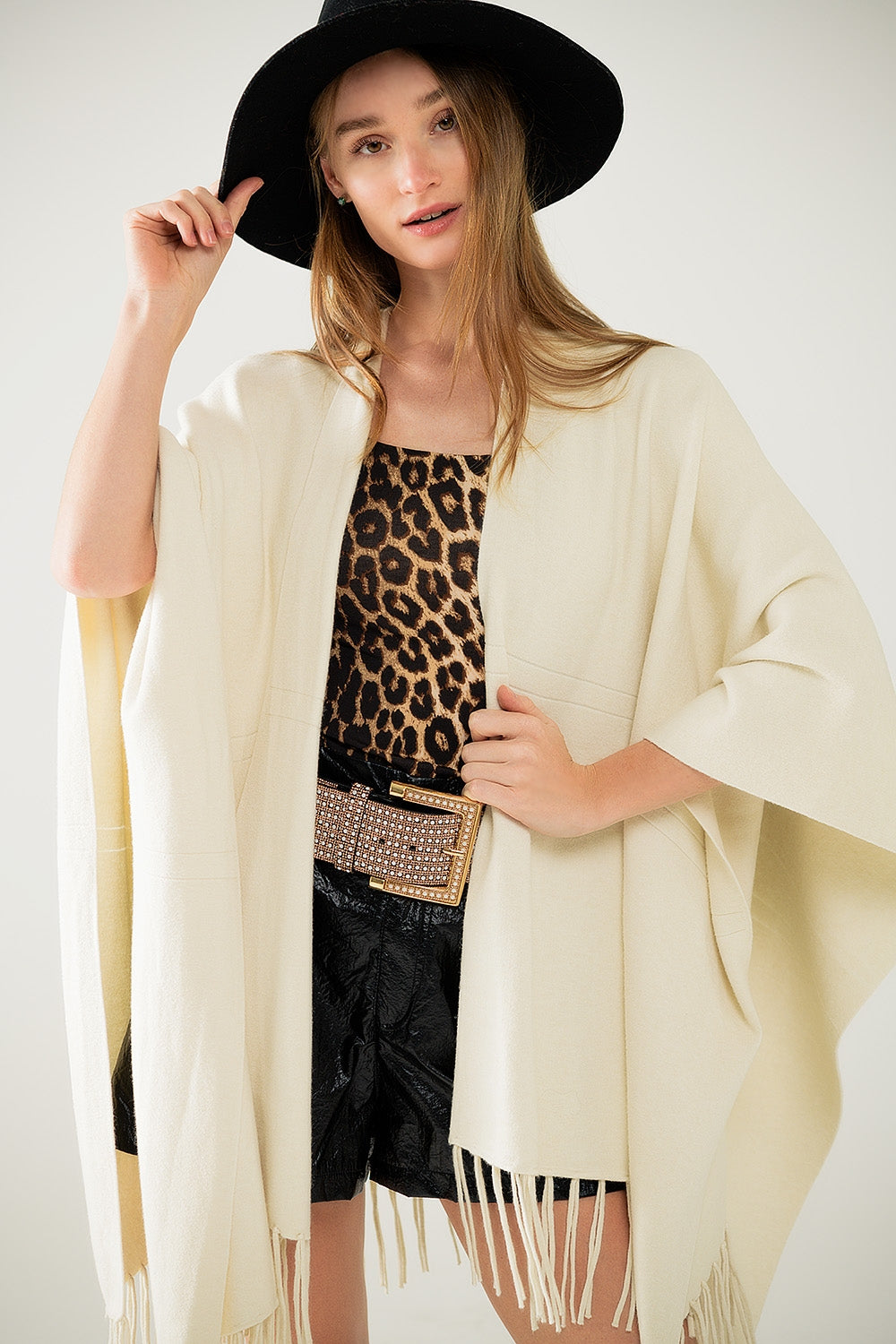 Fringe Affair Knit Poncho in Beige