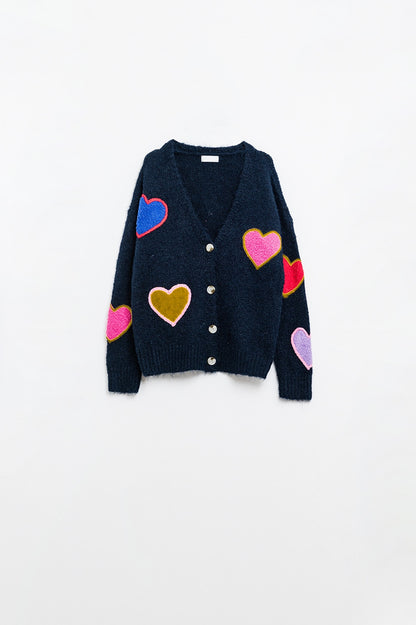 Lovestruck Embroidered Heart Cardigan in Navy