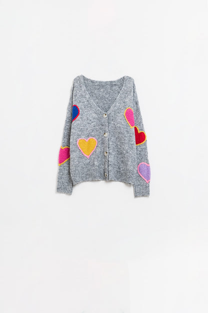 Lovestruck Embroidered Heart Cardigan in Grey