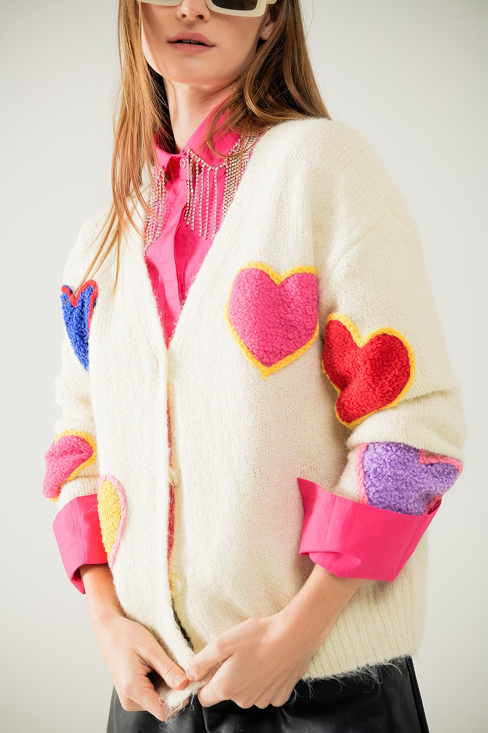 Lovestruck Embroidered Heart Cardigan in Beige