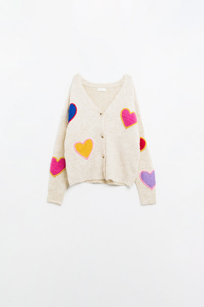 Lovestruck Embroidered Heart Cardigan in Beige