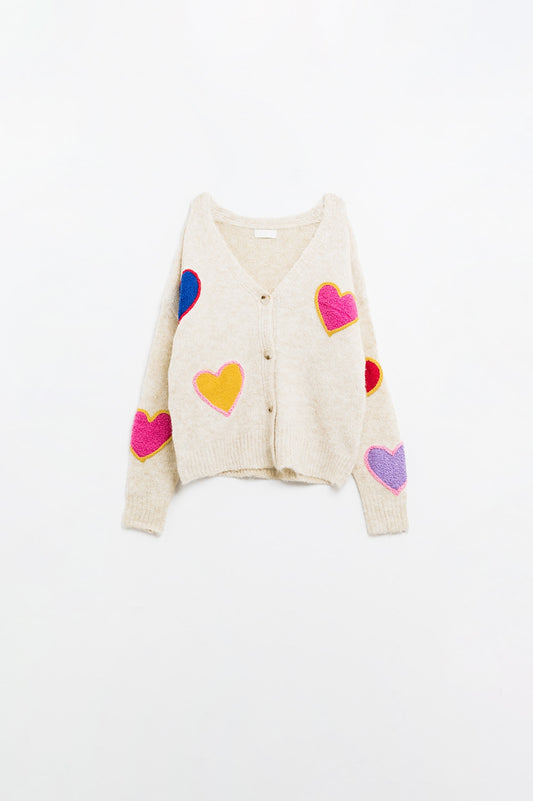 Lovestruck Embroidered Heart Cardigan in Beige