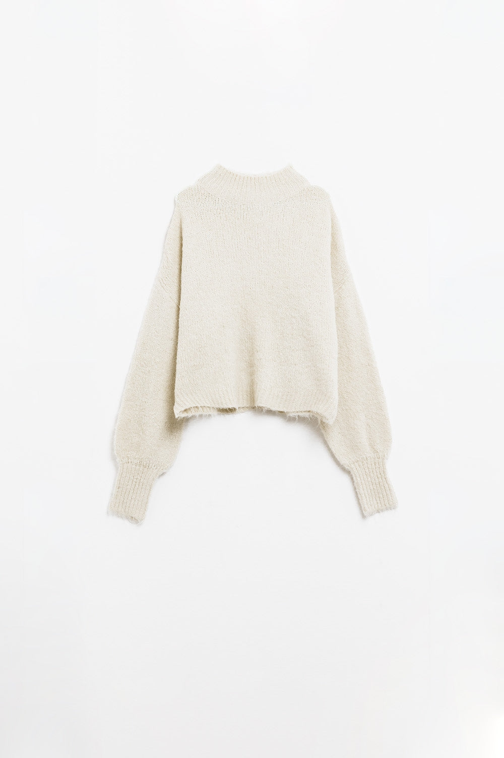 Beige High-Neck Fluffy Sweater