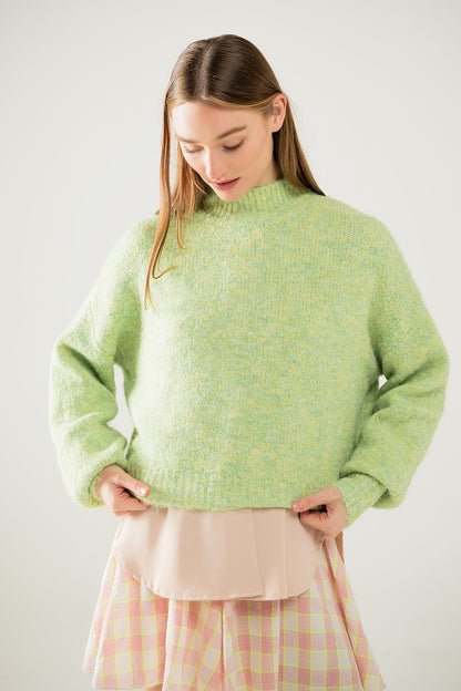 Lt Green High-Neck Fluffy Sweater