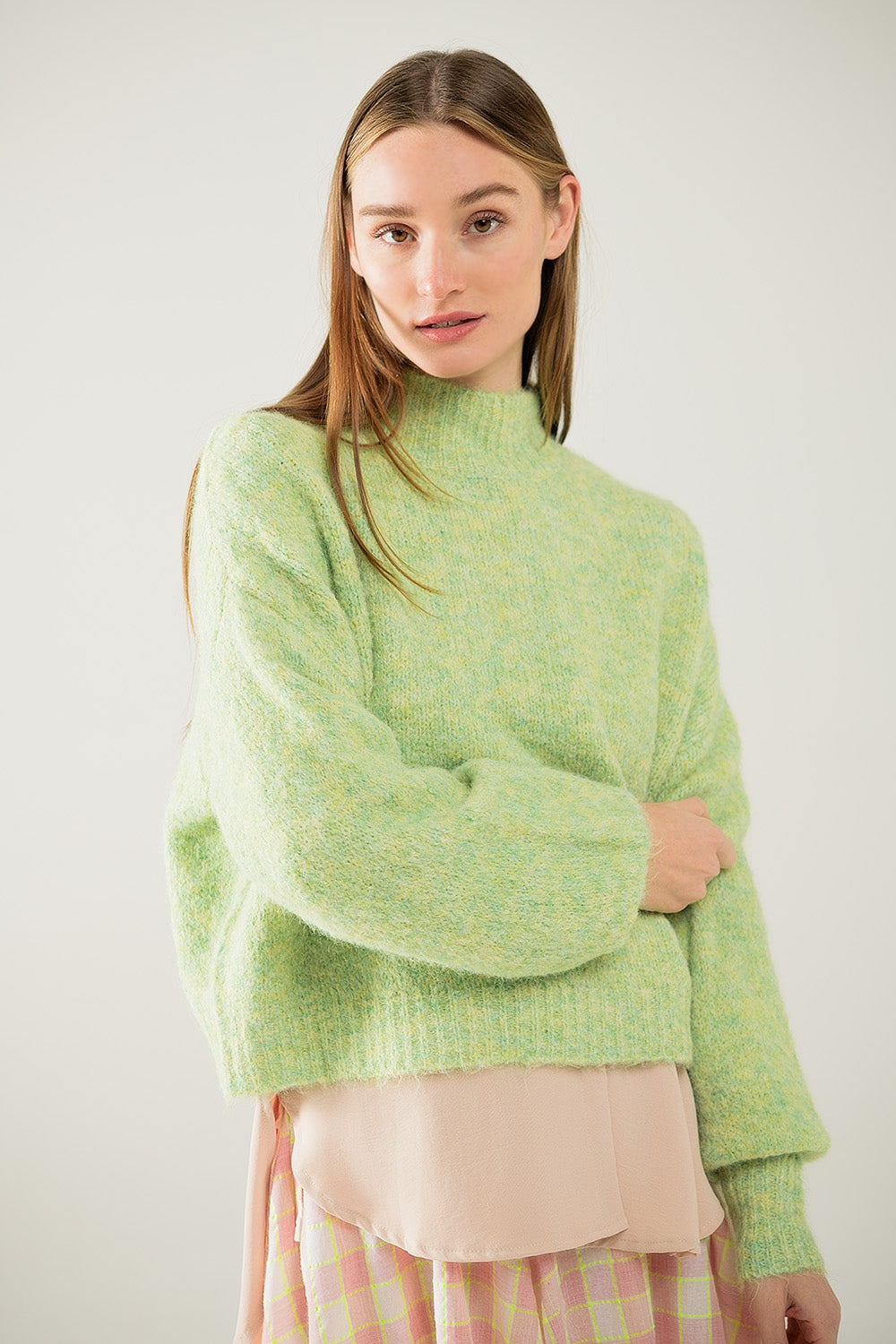 Lt Green High-Neck Fluffy Sweater