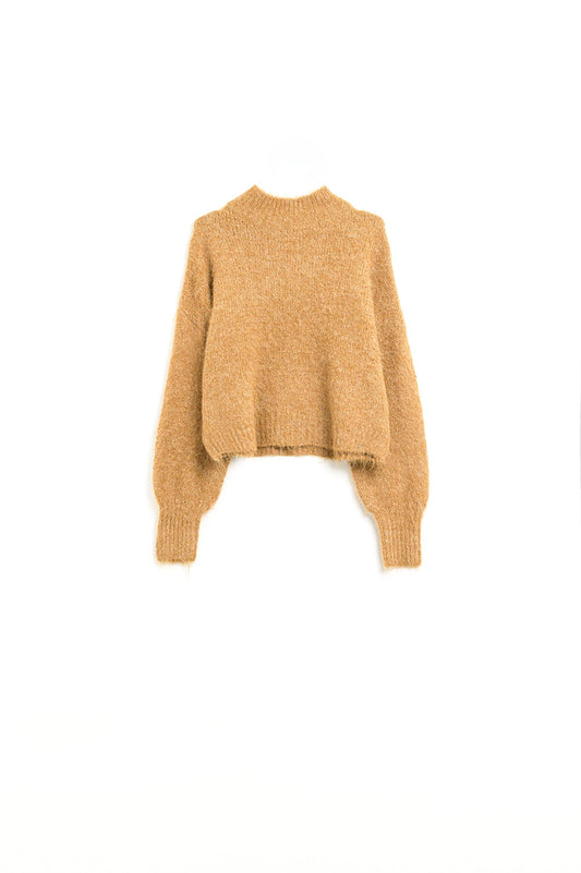 Camel High-Neck Fluffy Sweater