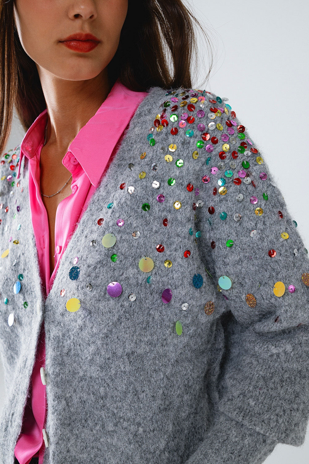 Shimmer Touch Sequin Cardigan in Gray