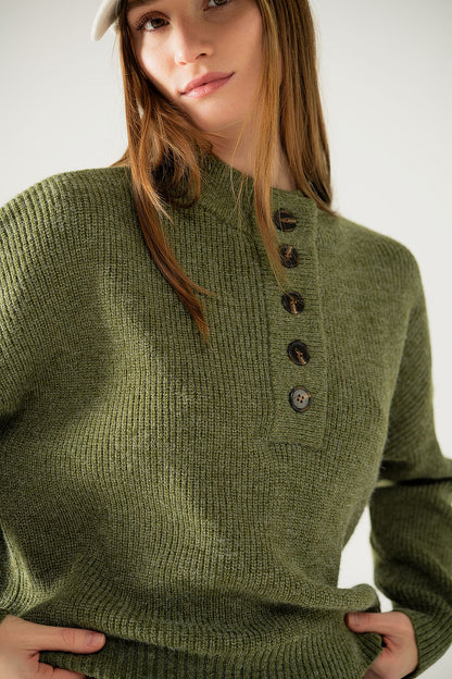 Cozy Buttoned Knit Sweater in Green