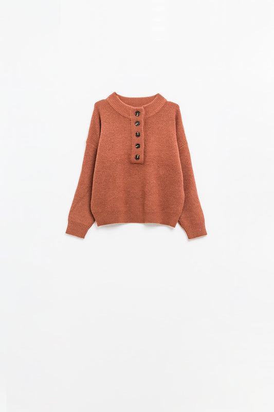 Cozy Buttoned Knit Sweater in Camel