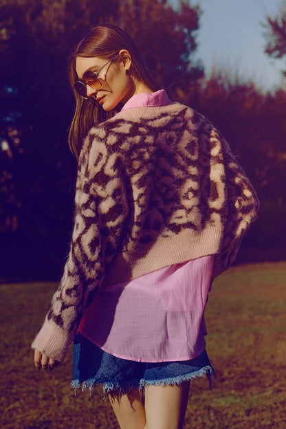 Leopard Luxe Cropped Cardigan - Pink