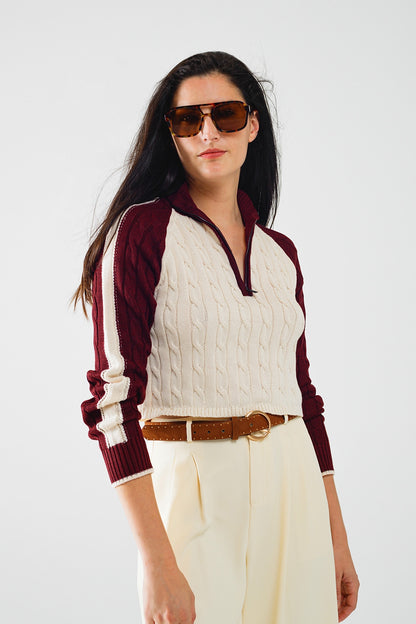 Crimson Contrast Zip Sweater