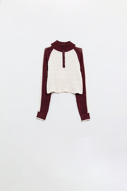 Crimson Contrast Zip Sweater