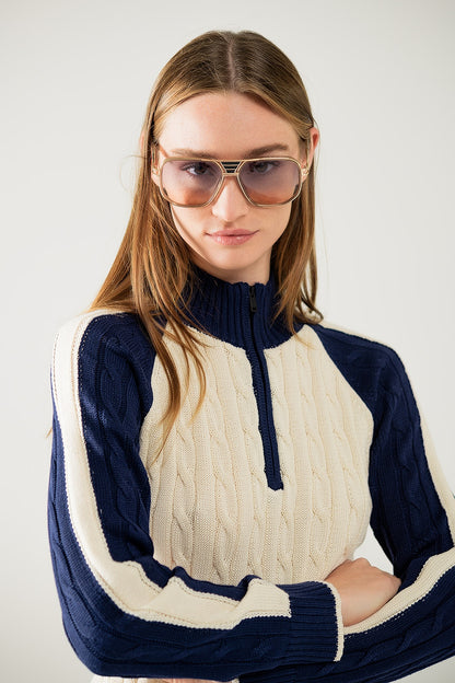 Navy Contrast Zip Sweater