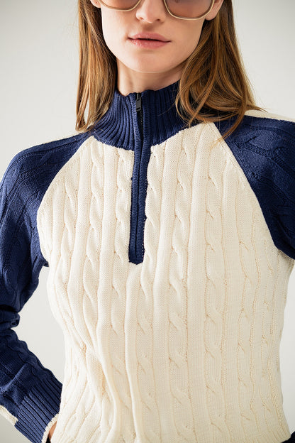 Navy Contrast Zip Sweater