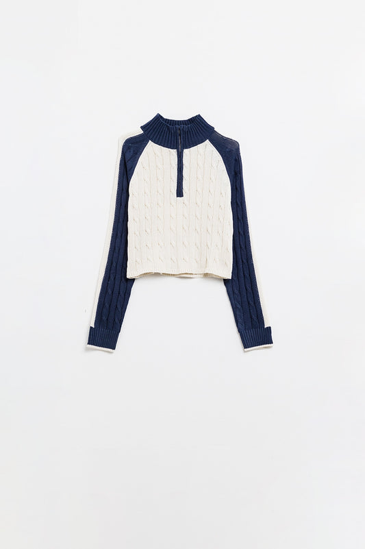 Navy Contrast Zip Sweater