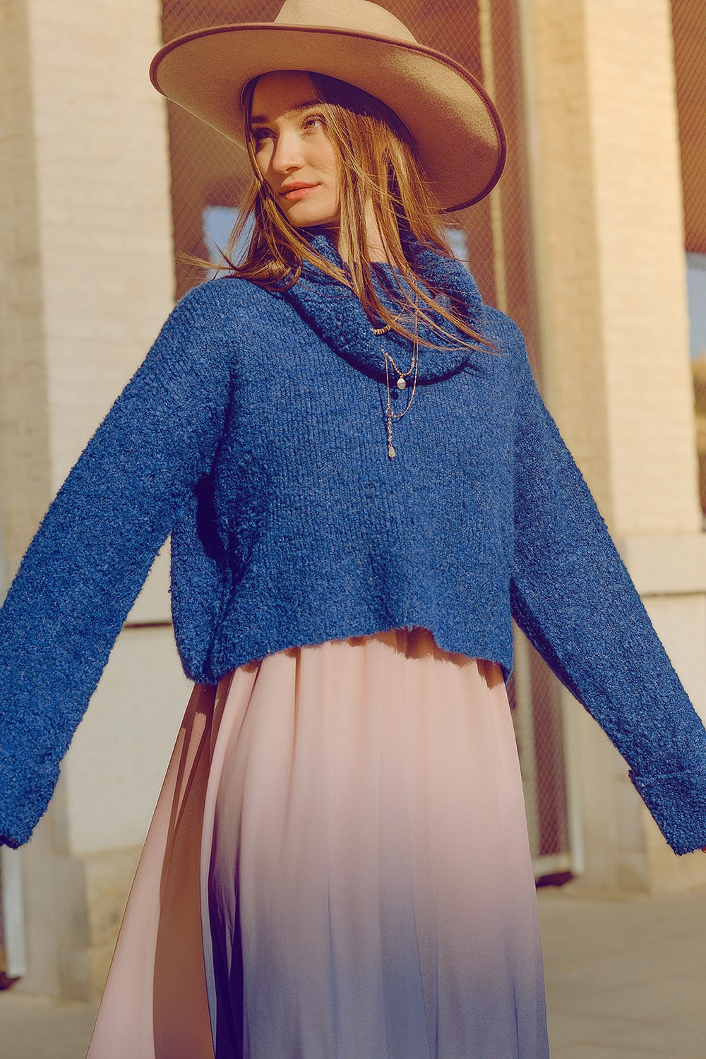 Blue Cozy Chic High-Neck Knit Sweater