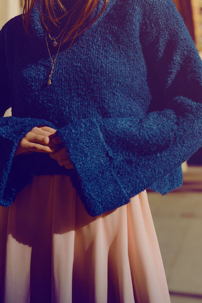 Blue Cozy Chic High-Neck Knit Sweater