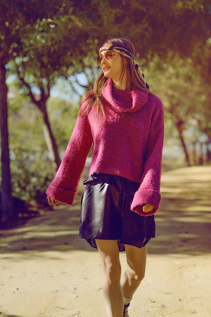 Fuchsia Cozy Chic High-Neck Knit Sweater