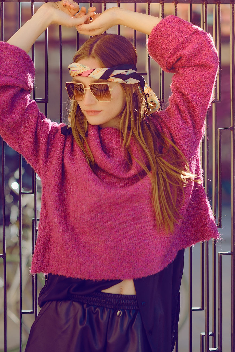 Fuchsia Cozy Chic High-Neck Knit Sweater