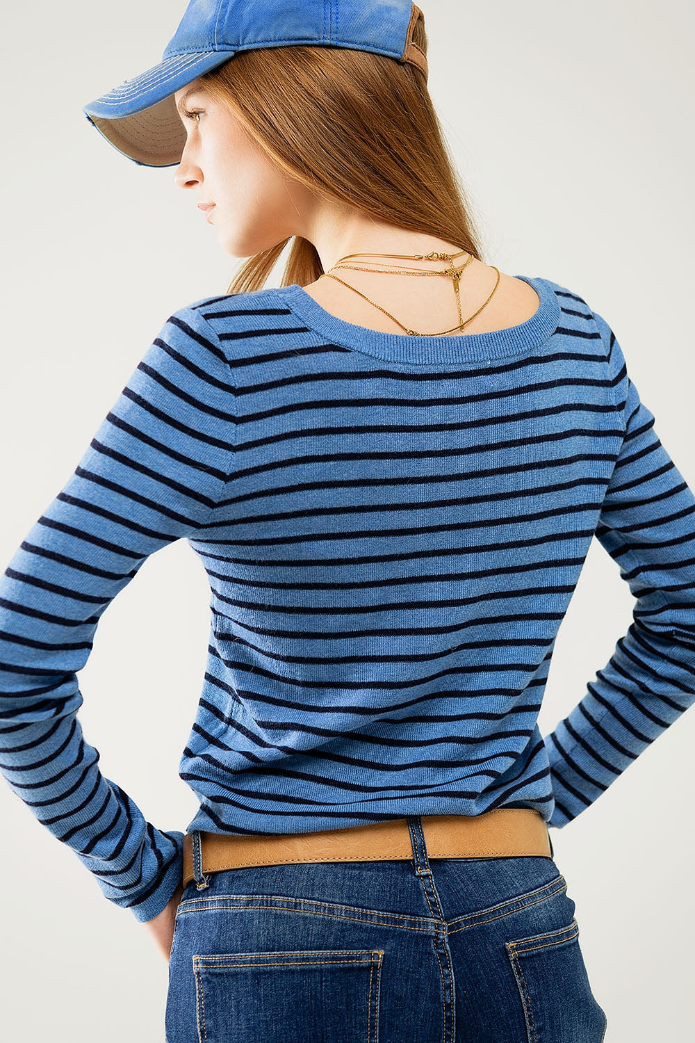 Striped Boat Neck Knit Sweater - Blue