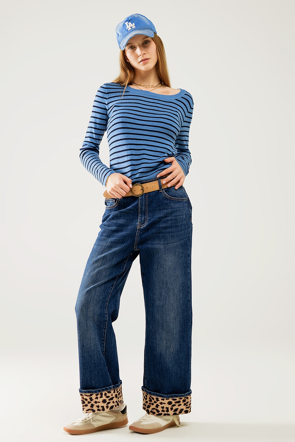 Striped Boat Neck Knit Sweater - Blue