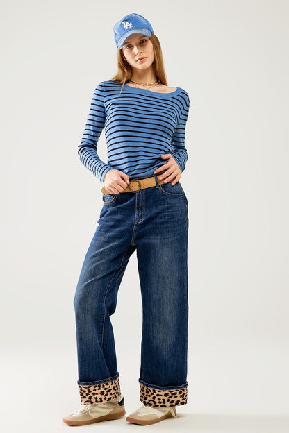 Striped Boat Neck Knit Sweater - Blue