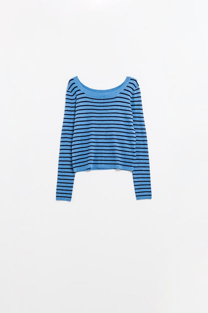 Striped Boat Neck Knit Sweater - Blue