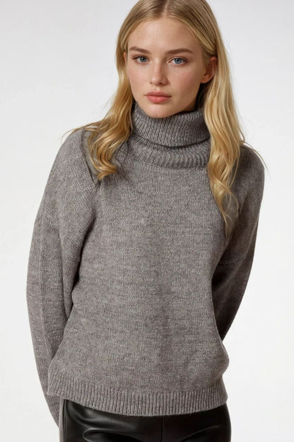 Cozy Luxe Dropped Sleeve Turtleneck Sweater - Grey