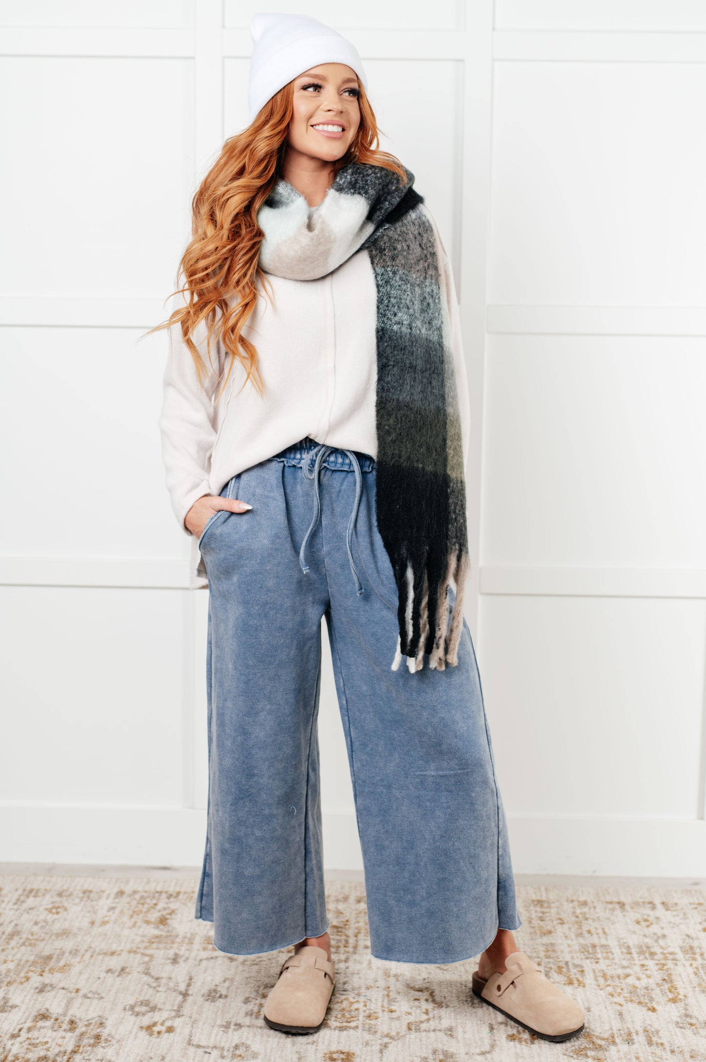 Cozy Wander Plaid Fringe Scarf in Grey and Jade