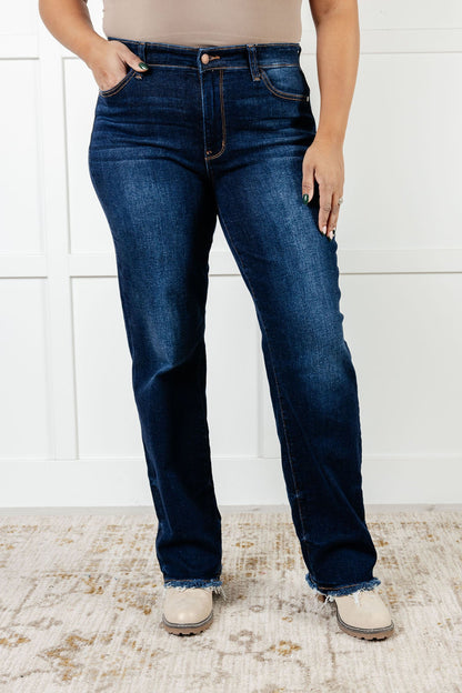 Sophia Mid Rise Frayed Straight Jeans