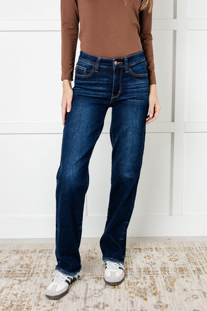 Sophia Mid Rise Frayed Straight Jeans