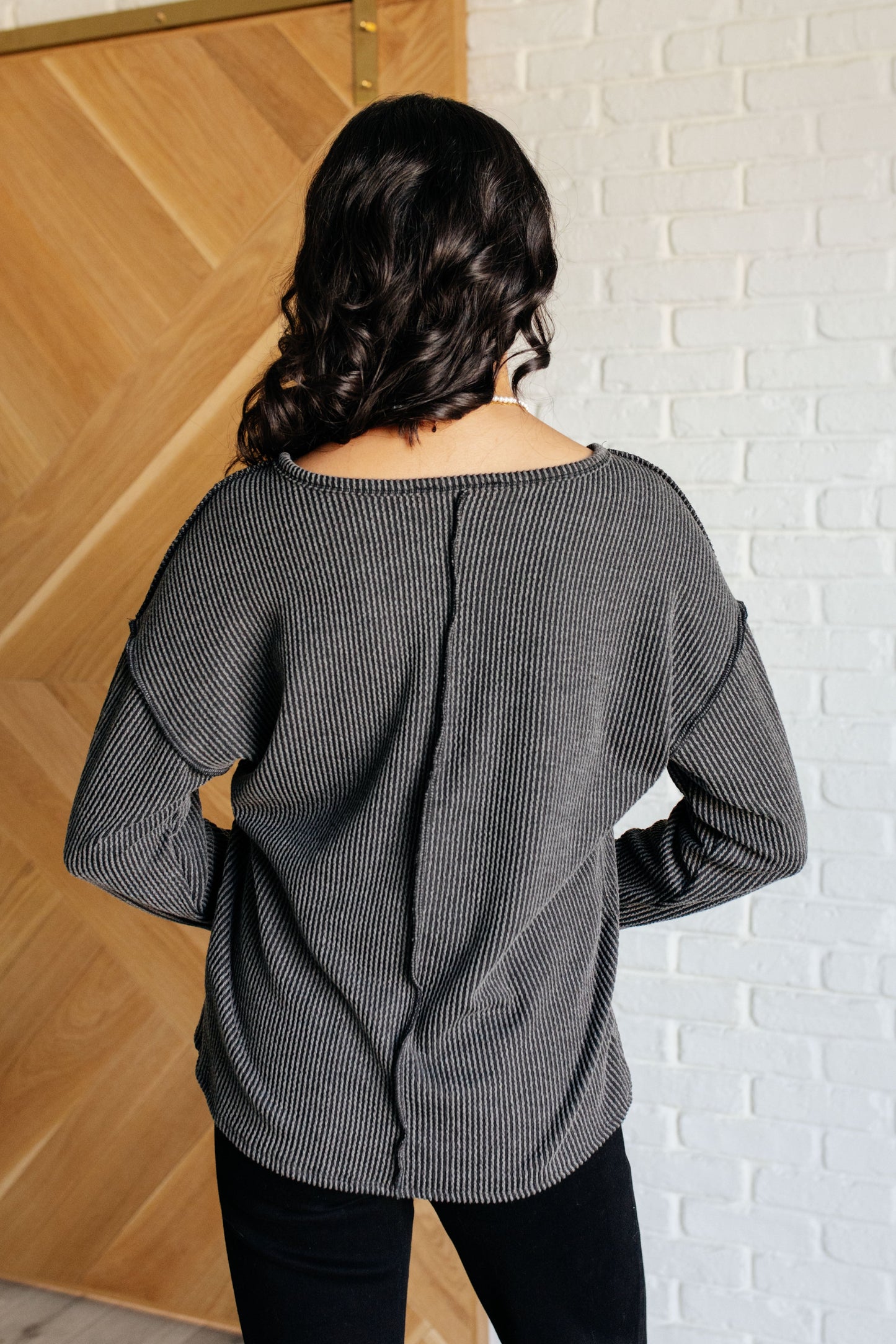 Effortless Charcoal Ribbed Long Sleeve Top