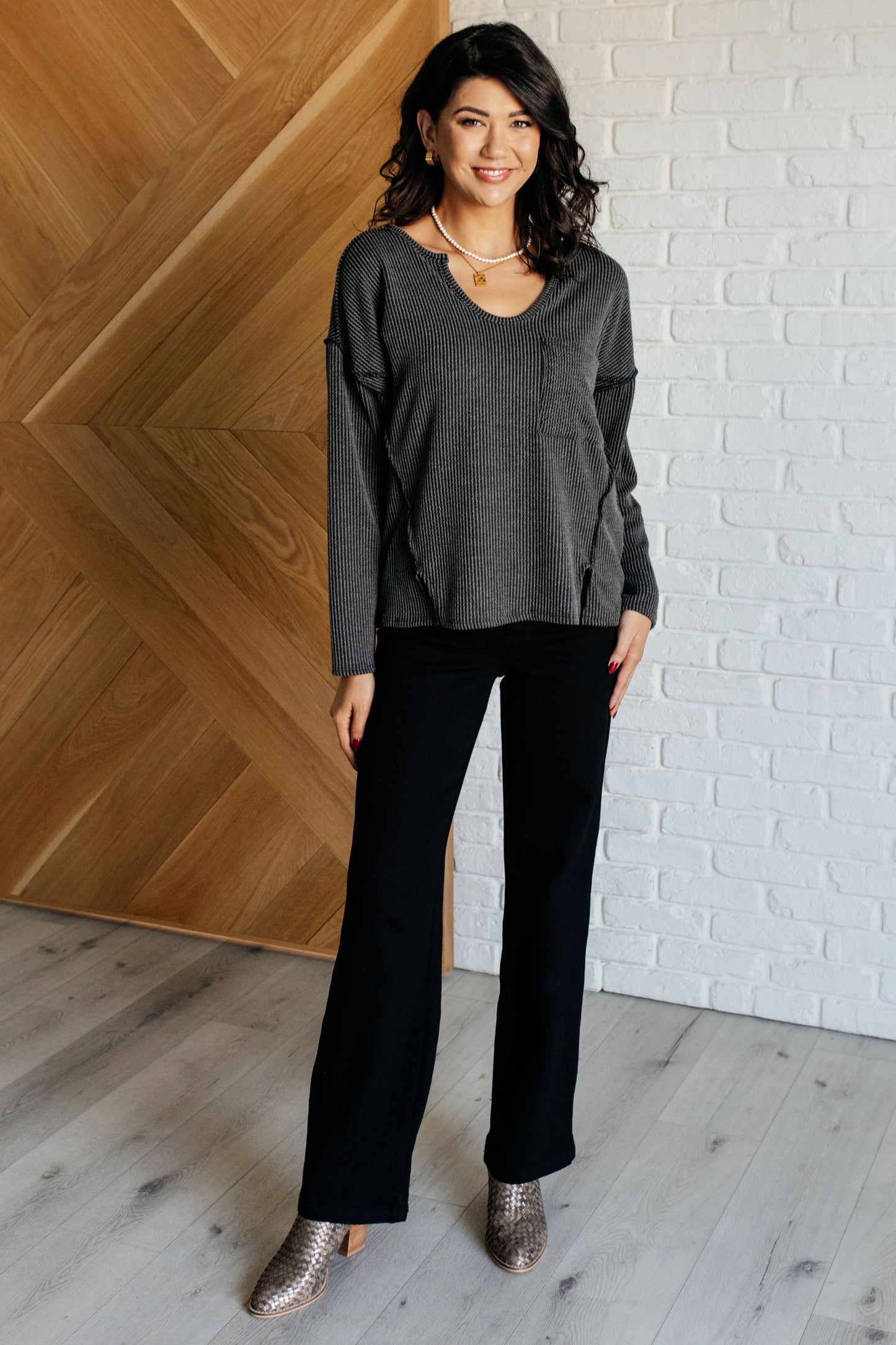 Effortless Charcoal Ribbed Long Sleeve Top