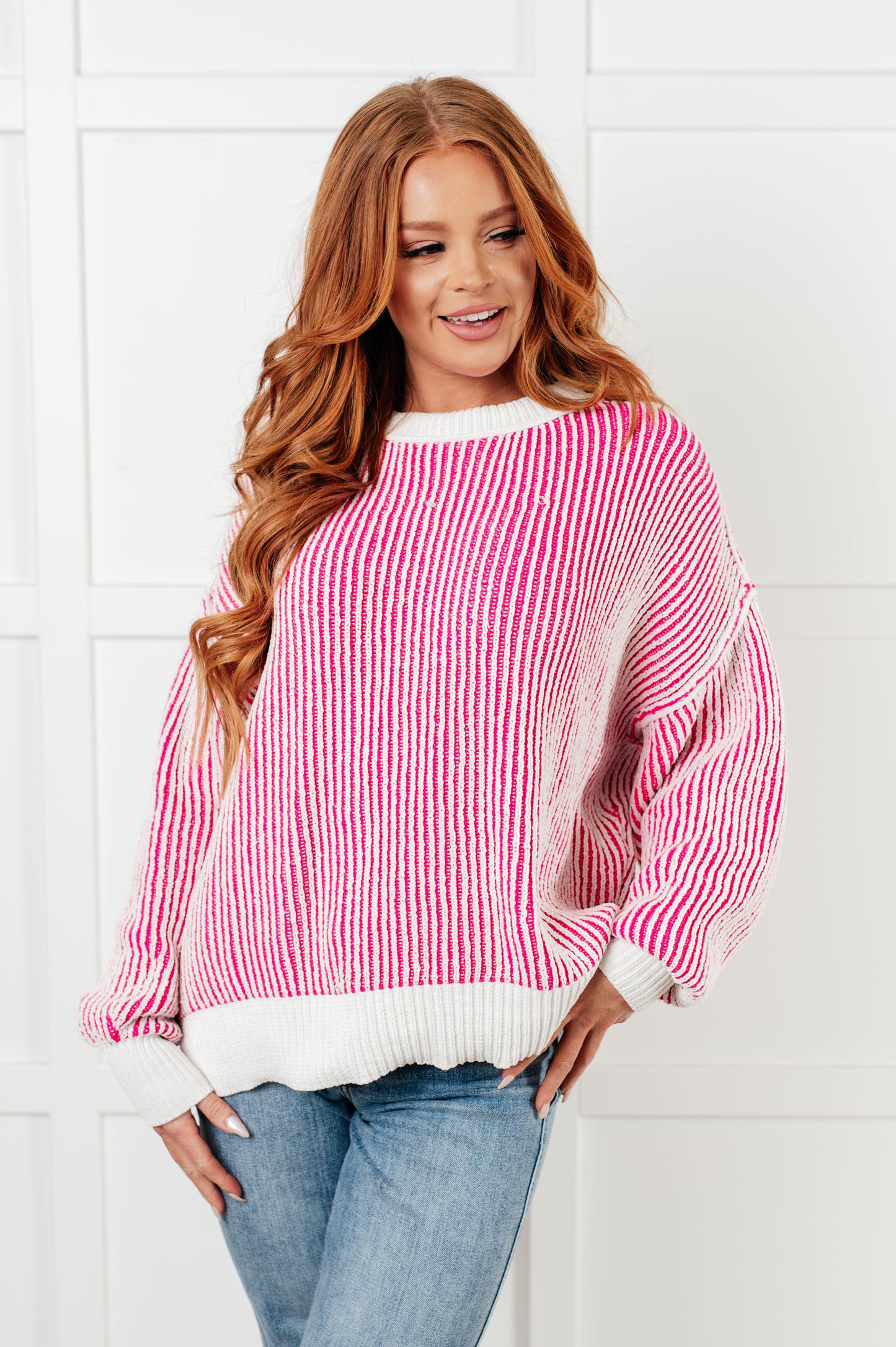 Effortless Charm Contrast Knit Sweater - Pink