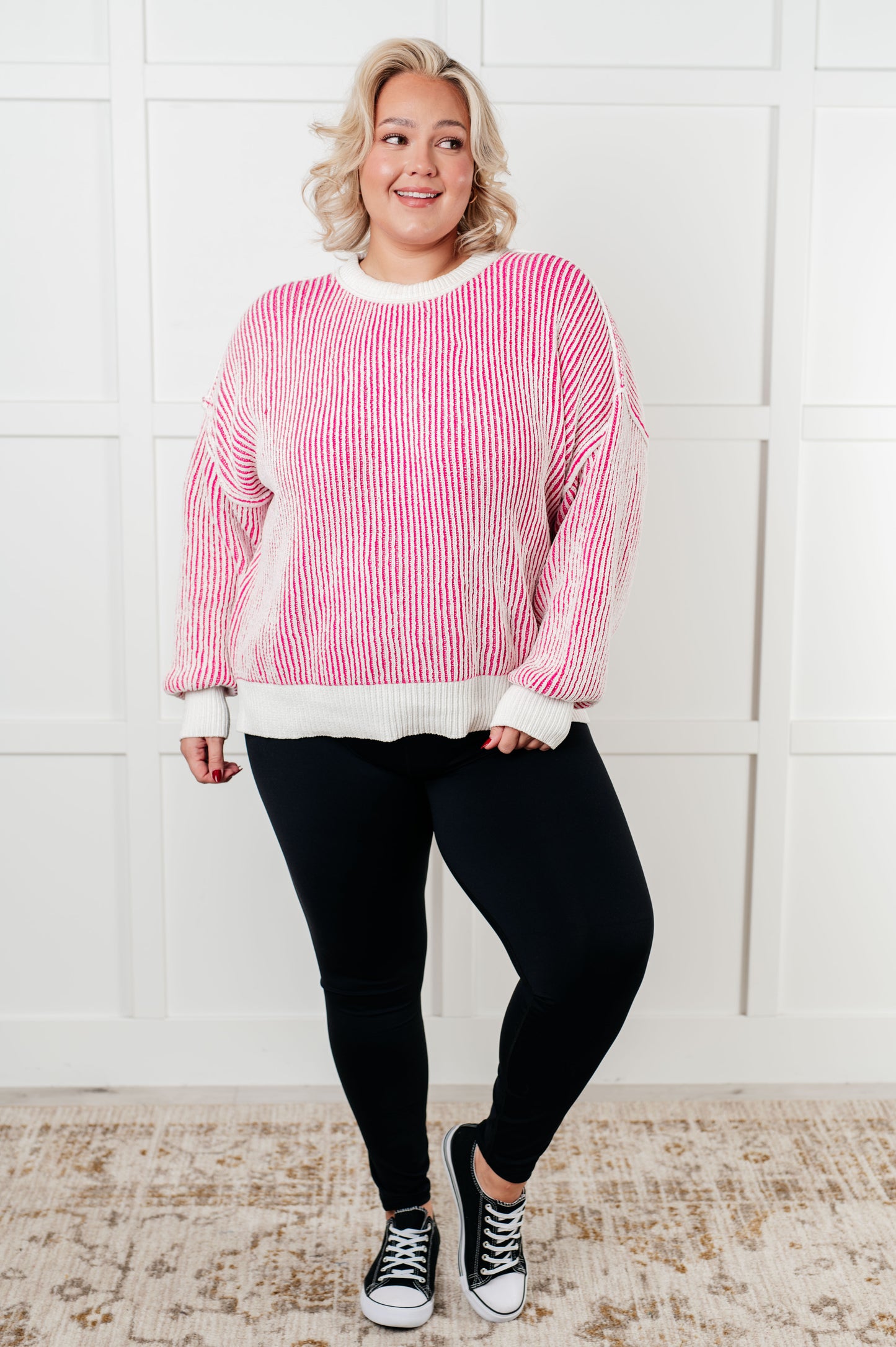 Effortless Charm Contrast Knit Sweater - Pink