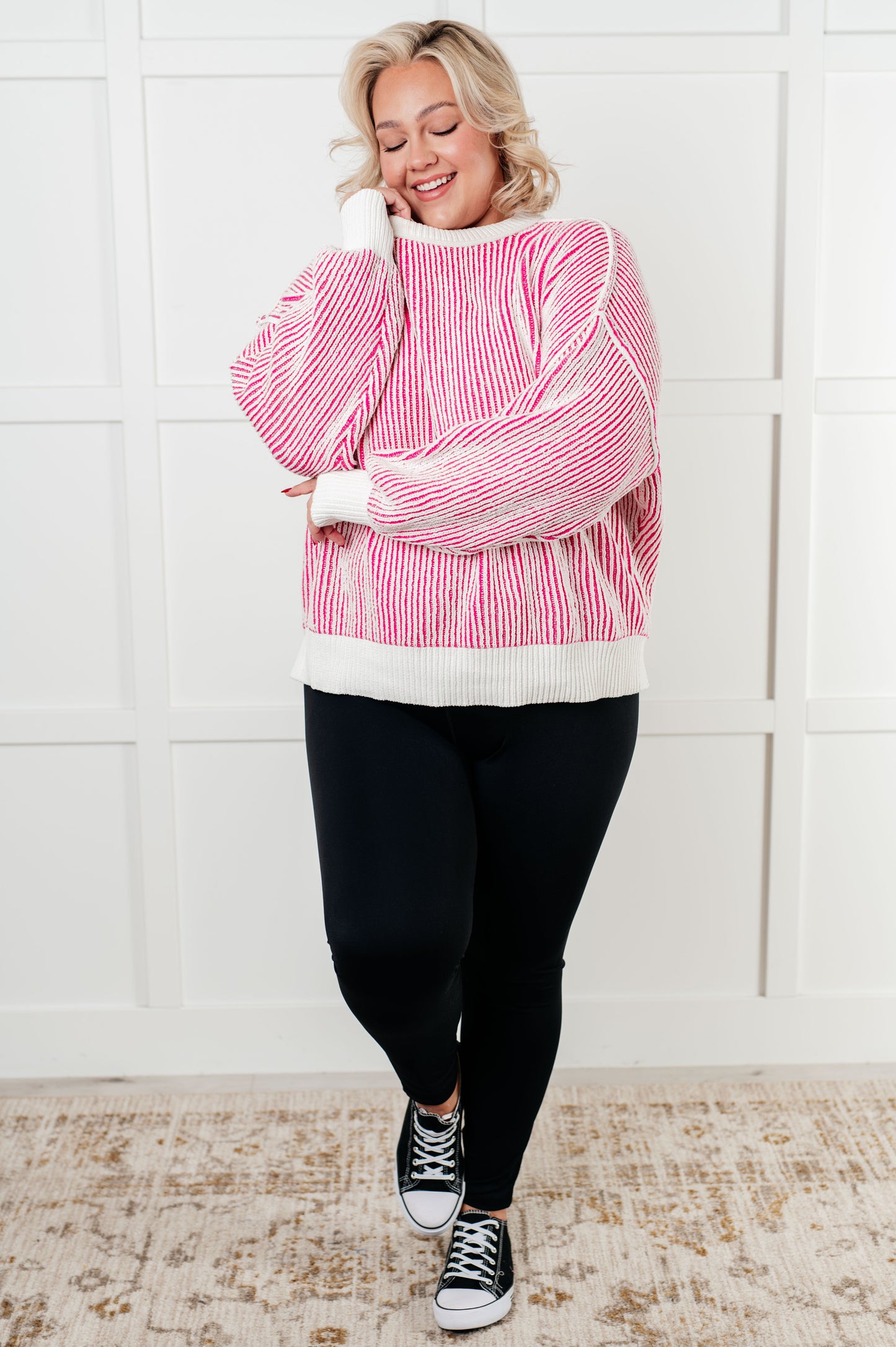 Effortless Charm Contrast Knit Sweater - Pink