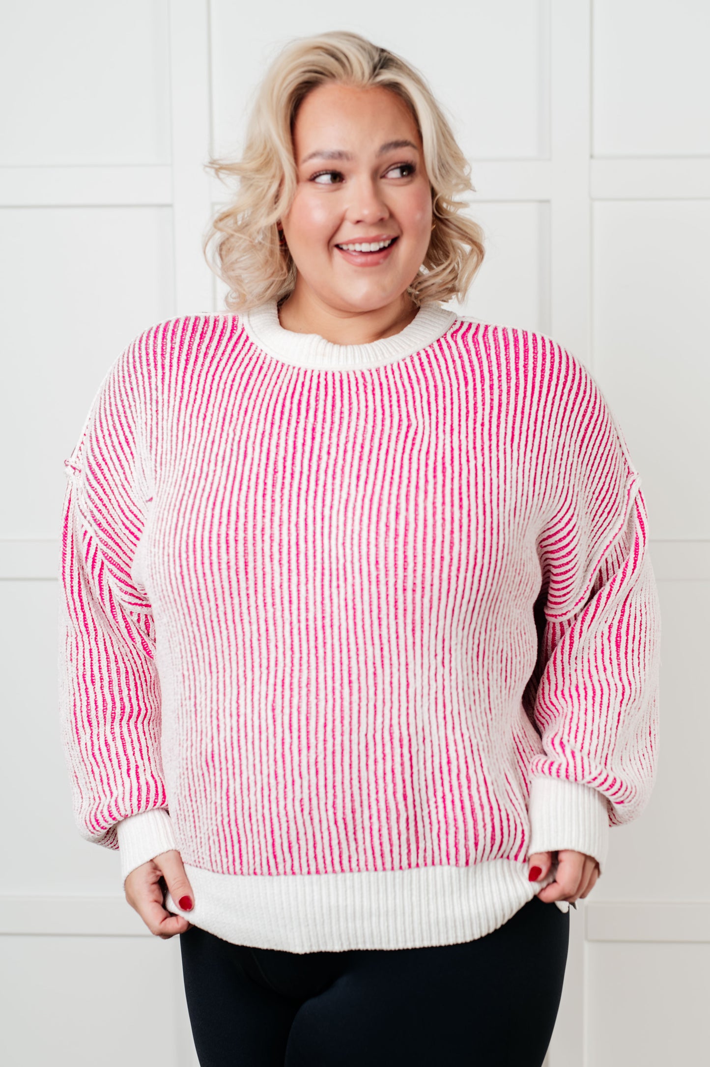 Effortless Charm Contrast Knit Sweater - Pink