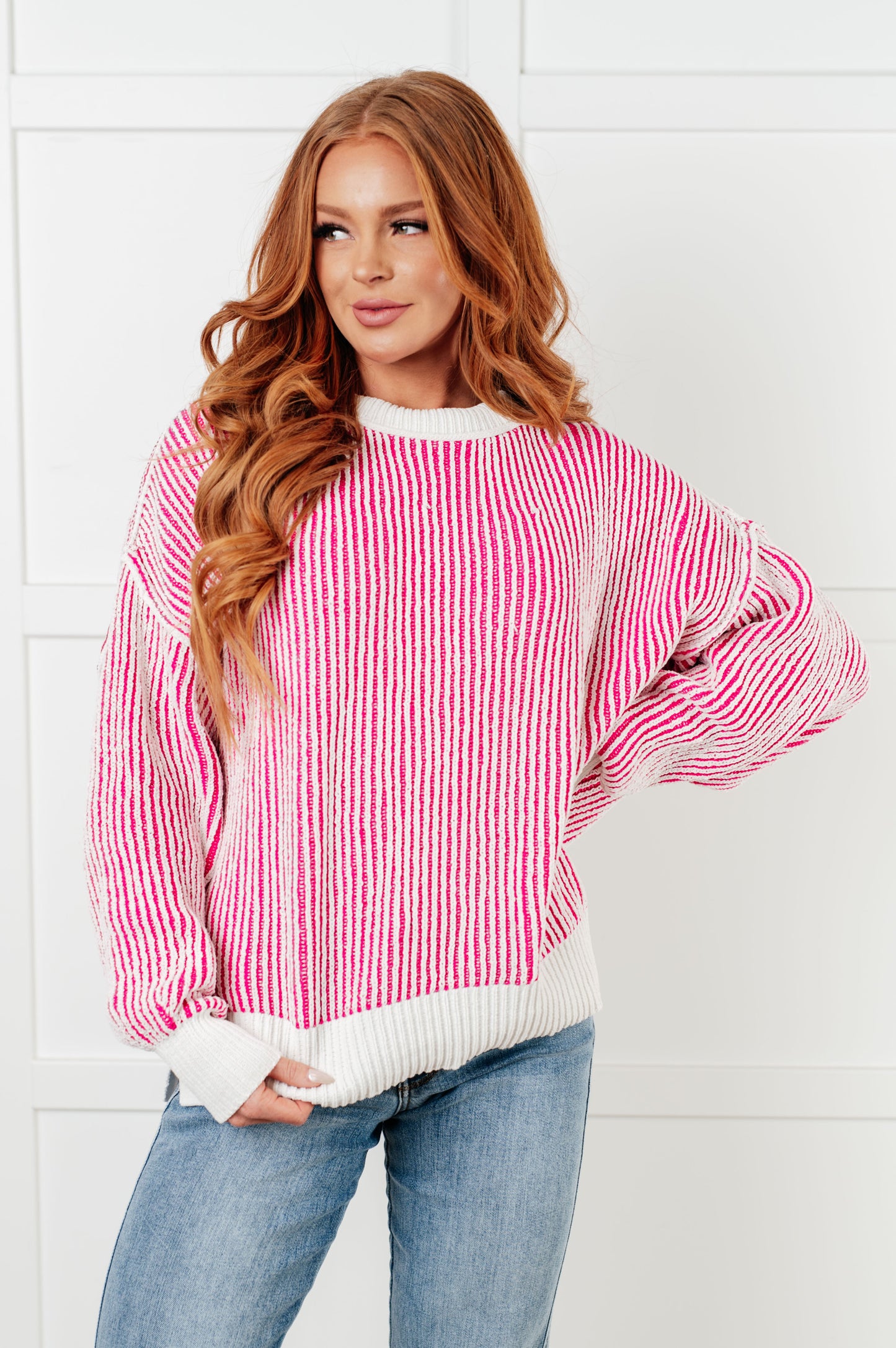 Effortless Charm Contrast Knit Sweater - Pink