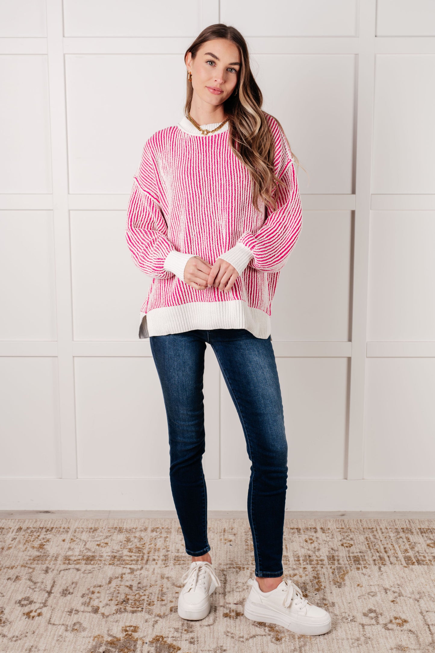 Effortless Charm Contrast Knit Sweater - Pink