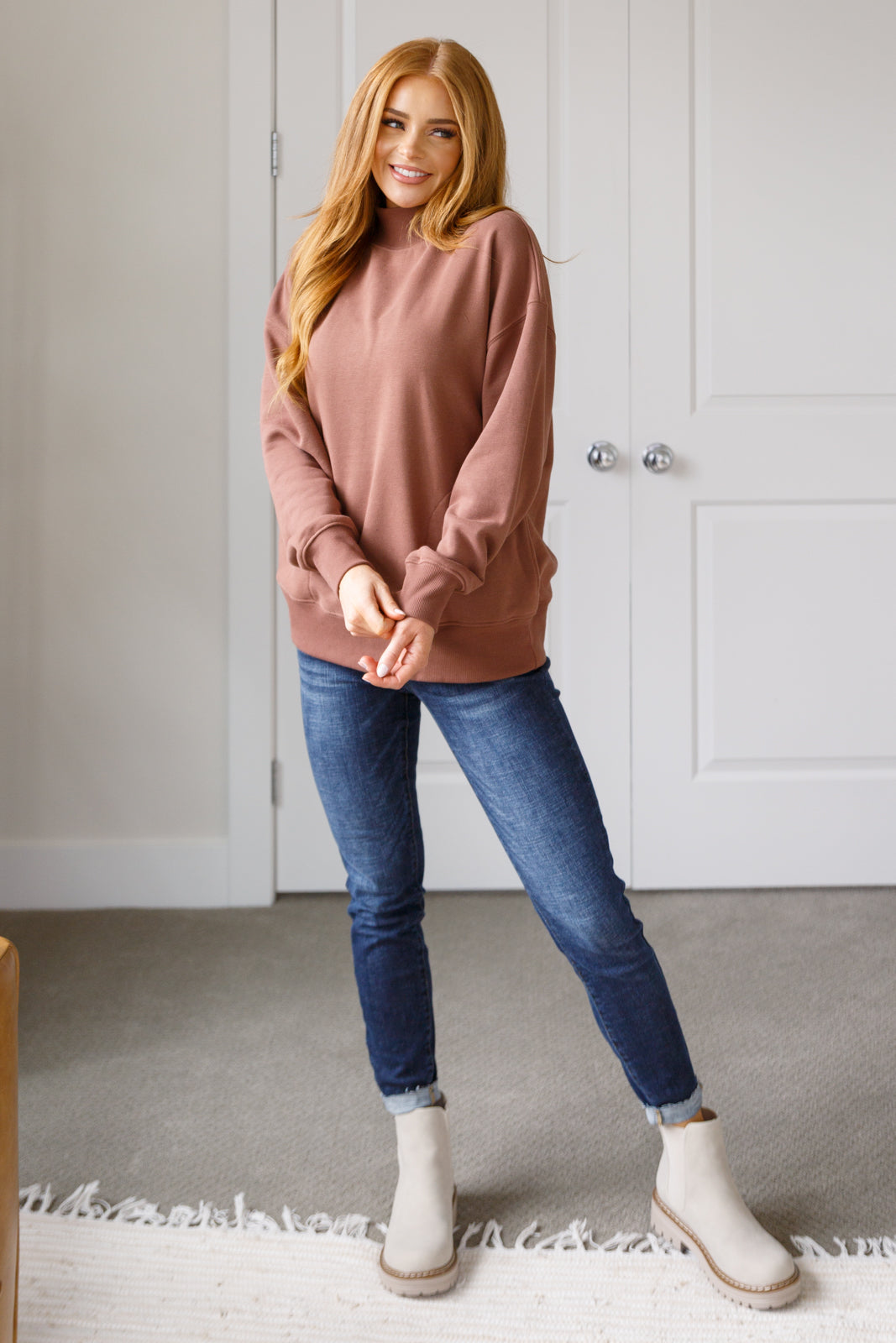 Sure Thing Mock Neck Pullover - Cocoa