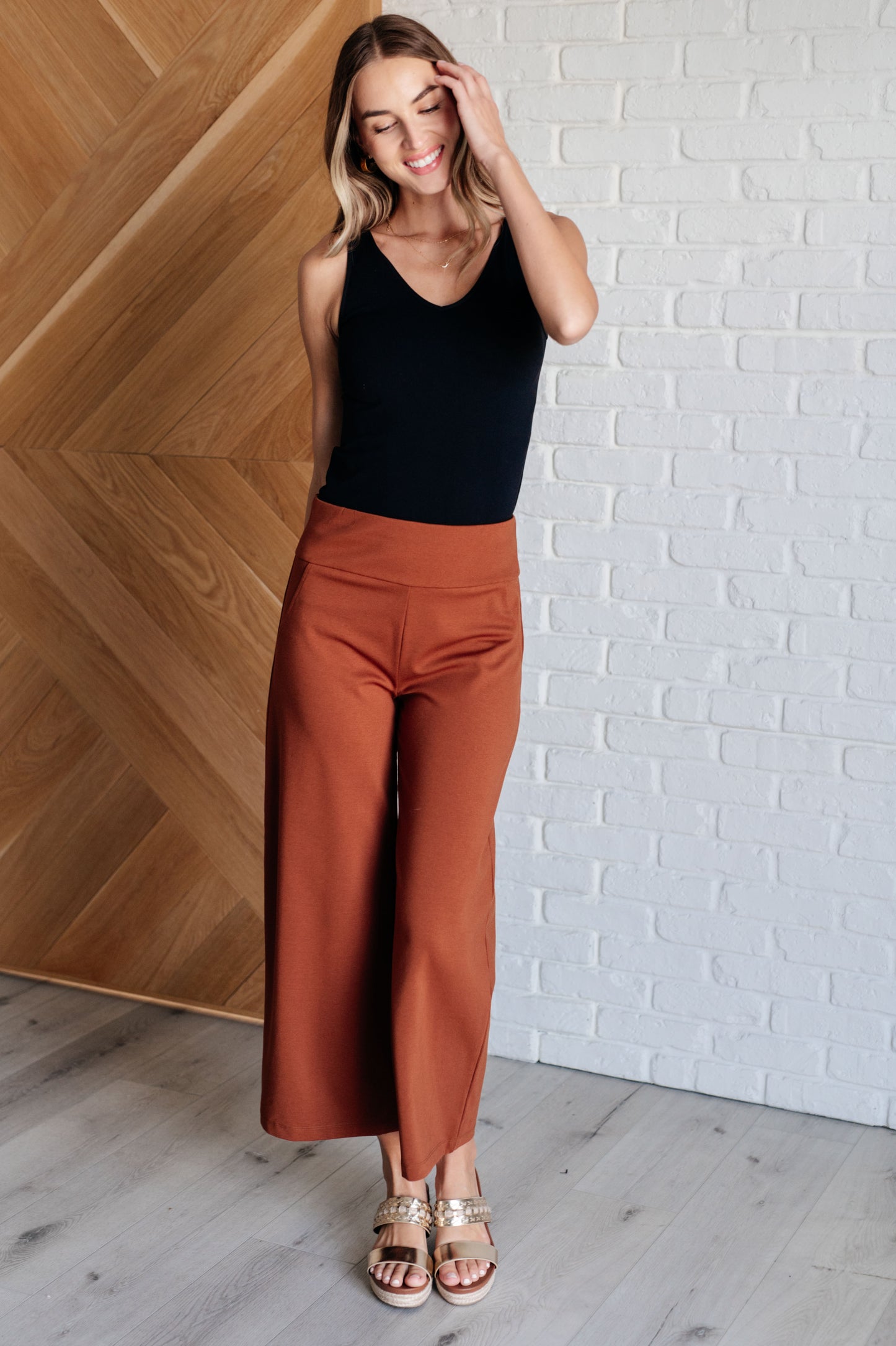 Wanderlust Wide Leg Crops in Rust - Redtop