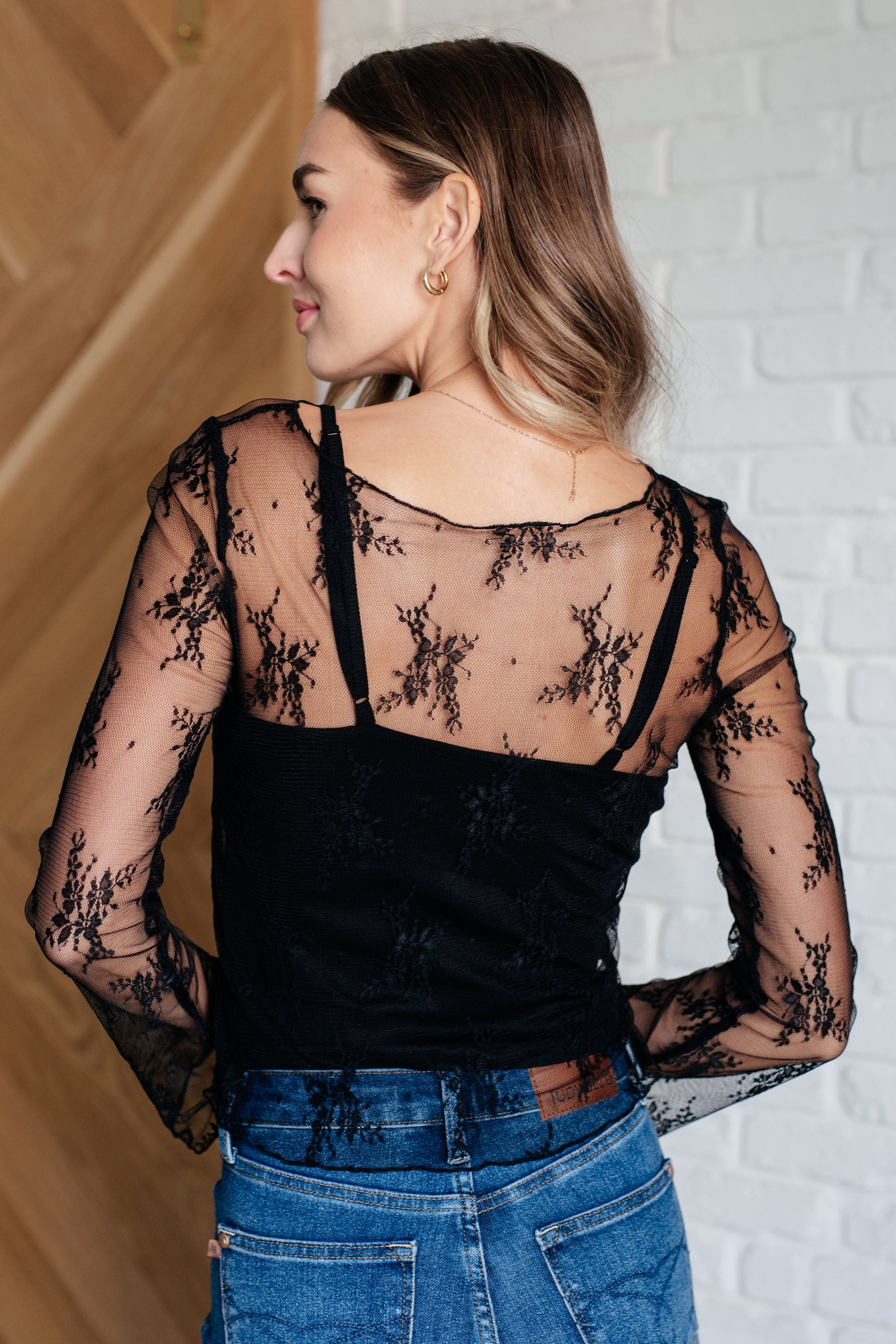 No Regrets Lace Overlay Long Sleeve Top in Black - Redtop